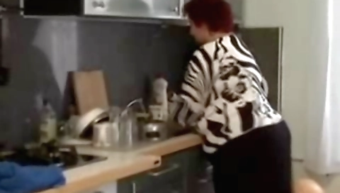 Plump big beautiful woman granny drilled in the kitchen